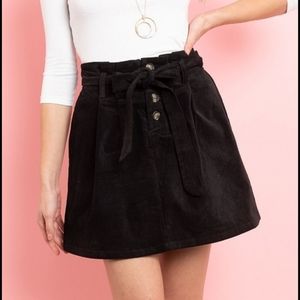 Black belted high waist suede paper bag mini skirt
